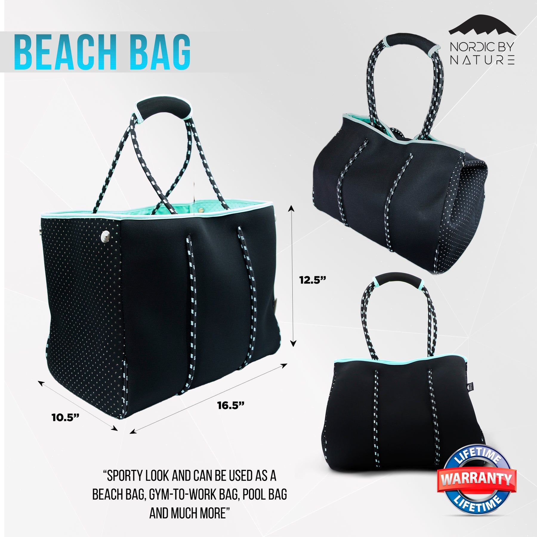  Nordic By Nature Large Designer Beach Bag Tote For Women & Men  (Black & White/Turquoise) : Home & Kitchen